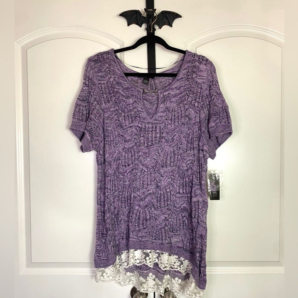 INC Purple Crochet Knit Women's Top Lace Accent V-neck Soft, Cottagecore NWT 2X